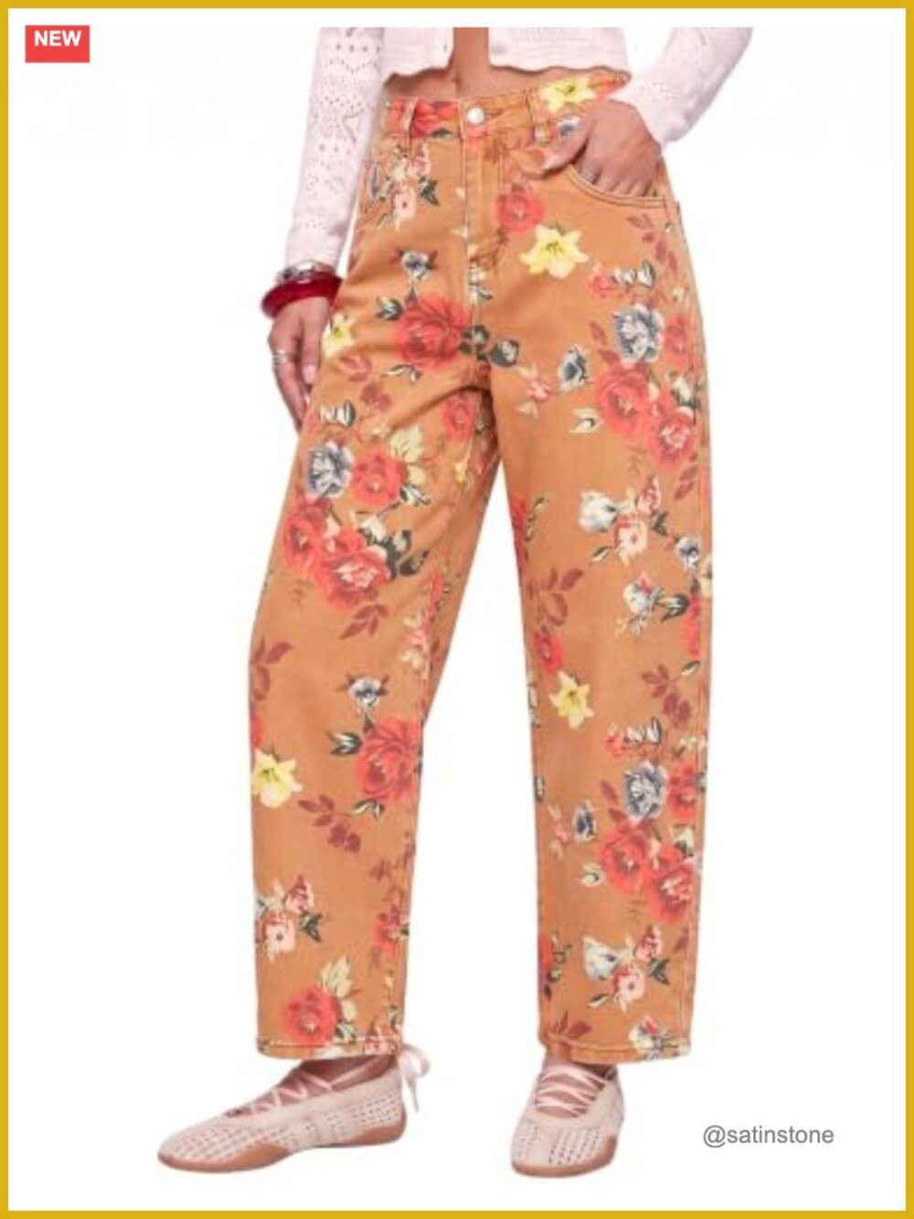 Floral Printed High Rise Barrel Jeans Cropped Stretch Denim Pants